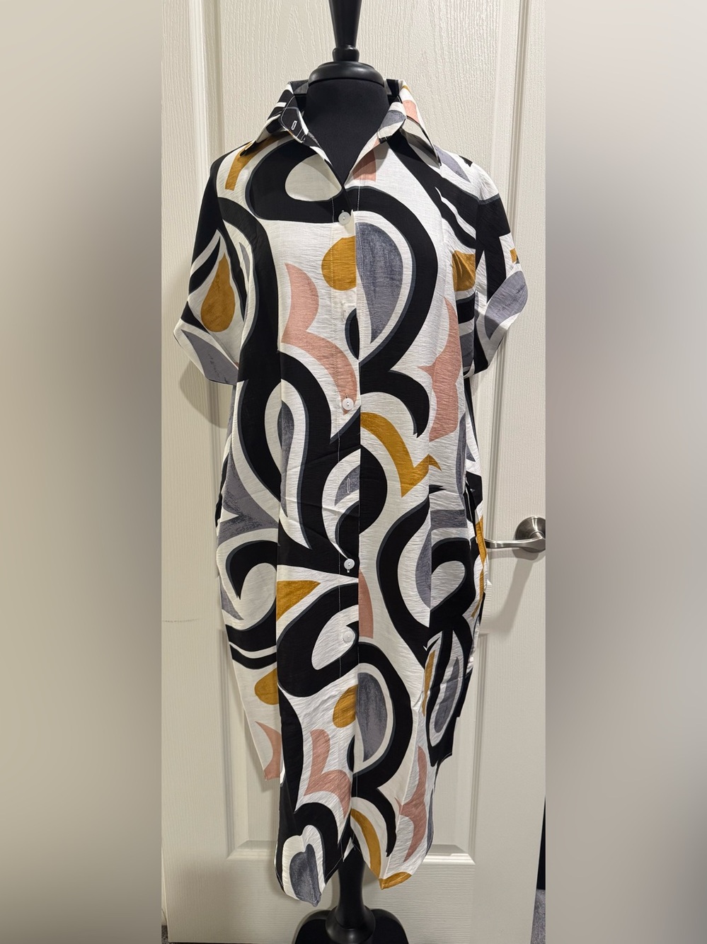 Abstract Swirl Button-Front Dress in Black White Mustard & Blush 2 side pockets.